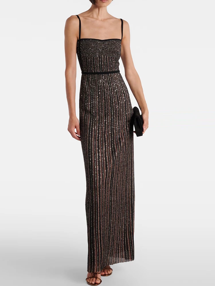 Summer Fashion Party Silver Thread Knitting Vintage Long Dress Women's Spaghetti Strap High Waist Slim A-Line Big Swing Dresses