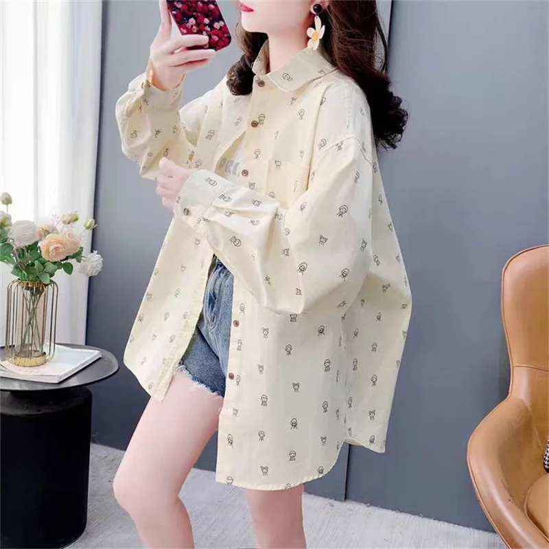 

Printed Long-Sleeved Shirt Women's Tops Spring Summer 2025 New Cartoon Coat Loose Casual Thin Jacket Joker Outwear Female Blouse