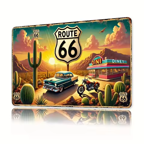 Route 66 Metal Sign -Retro Car &amp; Motorcycle Wall Art with Diner &amp; Desert Scene - Easy to Hang, Durable Iron Tin Sign for Kitchen