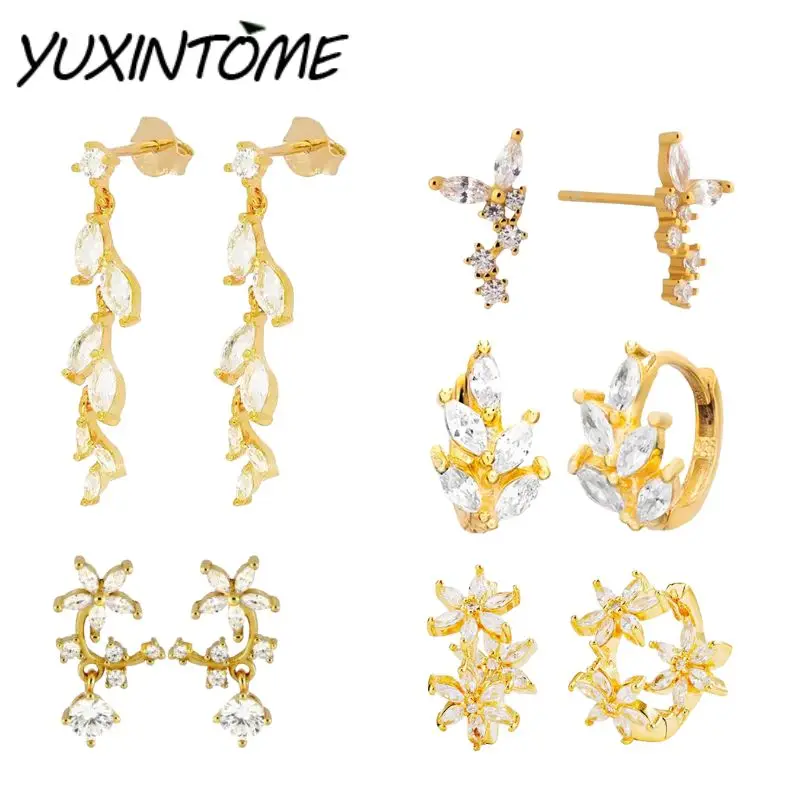 

925 Sterling Silver Ear Needle Light luxury Small Numerous Zircon Irregular Interlaced leaf Flower Pendant Earrings Jewelry