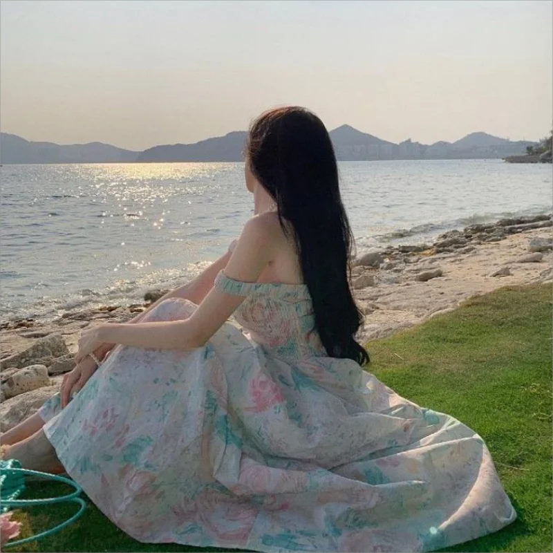 Vestido acampanado con estampado Floral francés para mujer, vestido largo ajustado con tirantes y tirantes anchos, diseño de nicho de verano para mujer