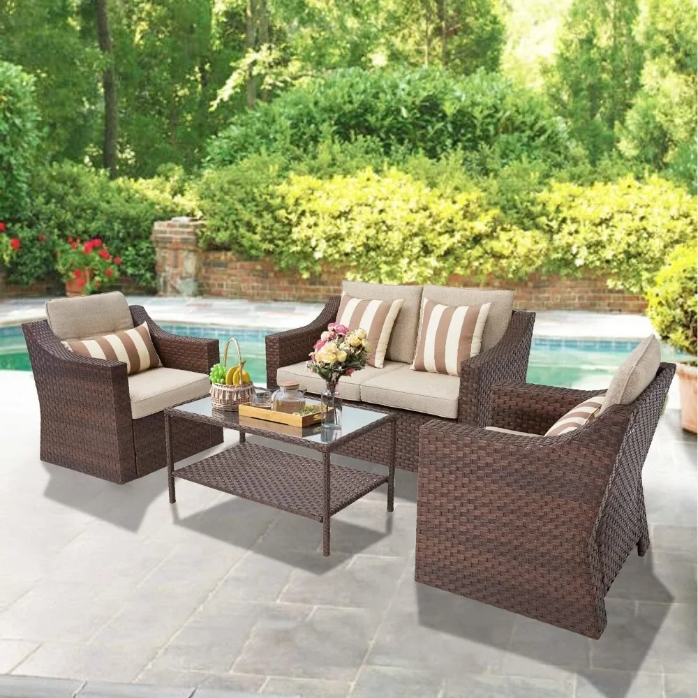 

Modern Outdoor Garden Sofa Set, Are Equipped with High-density Sponge Cushions Which Is Waterproof, Four Piece Sofa Setsuit