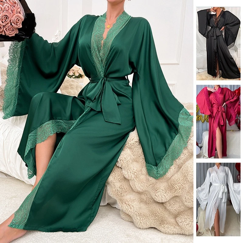 

Women's New Satin Long Pajamas Set Lace Trimmed Luxury Long Sleeves Cool Loungewear Bathrobes Full length Elegant L Size Sleep