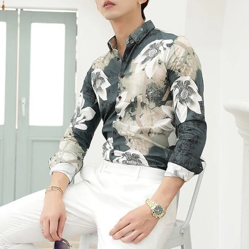 Spring Autumn New Turn-down Collar Fashion Long Sleeve Shirt Man High Street Loose Floral Printing Cardigan Button All-match Top