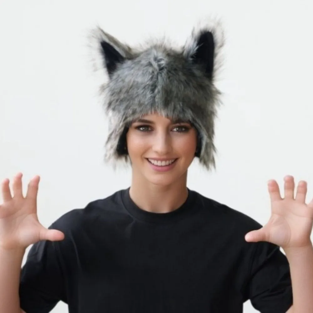 Fancy Dress Grey Wolf Paw Cosplay Set Fluffy Texture Hairy Wolf Hat with Ears Plush Animal Cosplay Wolf Claws Carnival Party
