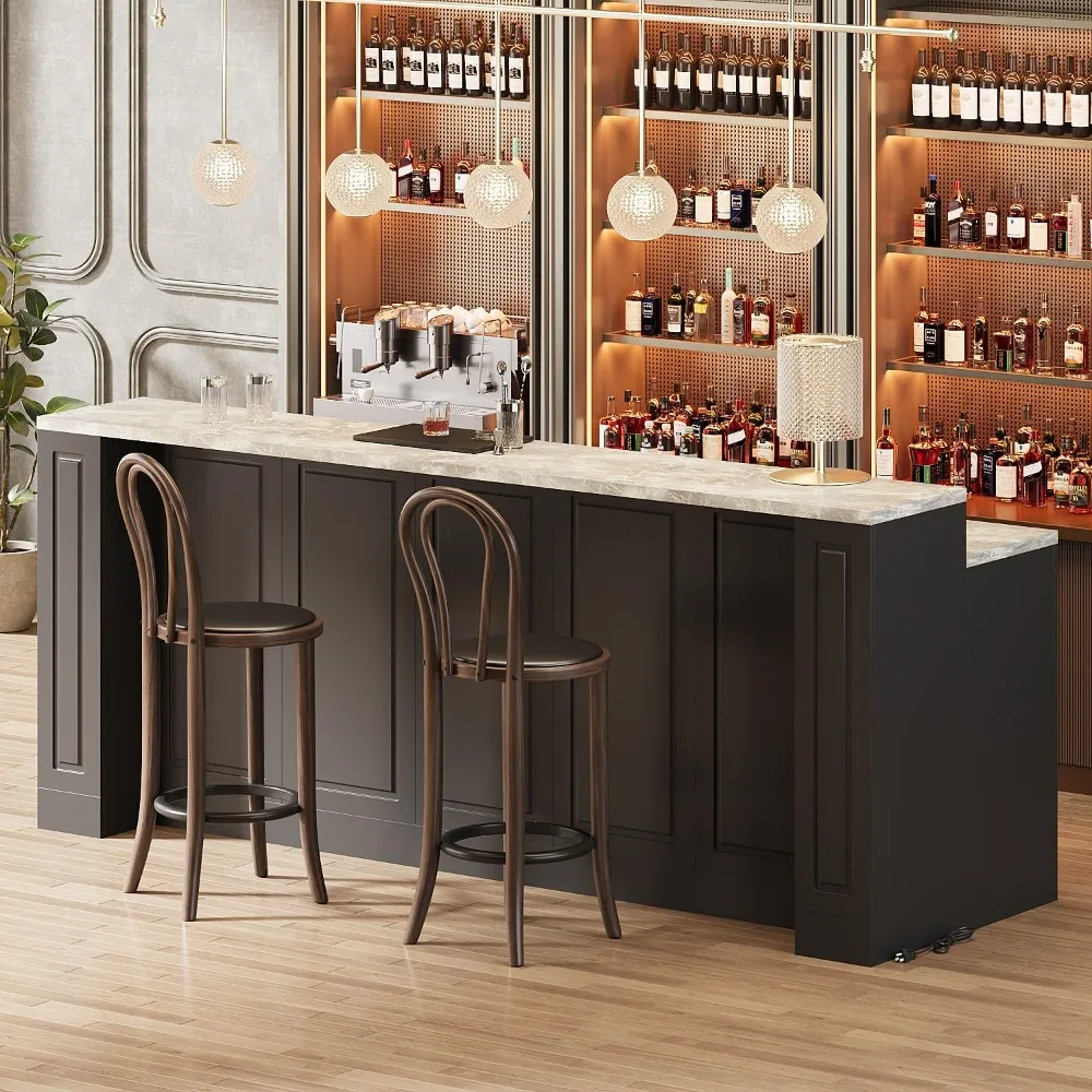 

94.5" Large Bar Table Kitchen Station, Home Bar Unit with 3 Charging Socket, 4 Drawers & 2-Tier Shelf, Bar Cabinets Reception