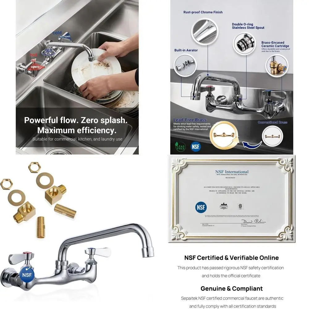 

8 Wall-Mounted Lead-Free Commercial Sink Faucet with 8 Swivel Spout, 2-Hole Brass Design, Ceramic Valve, Complete with Installat