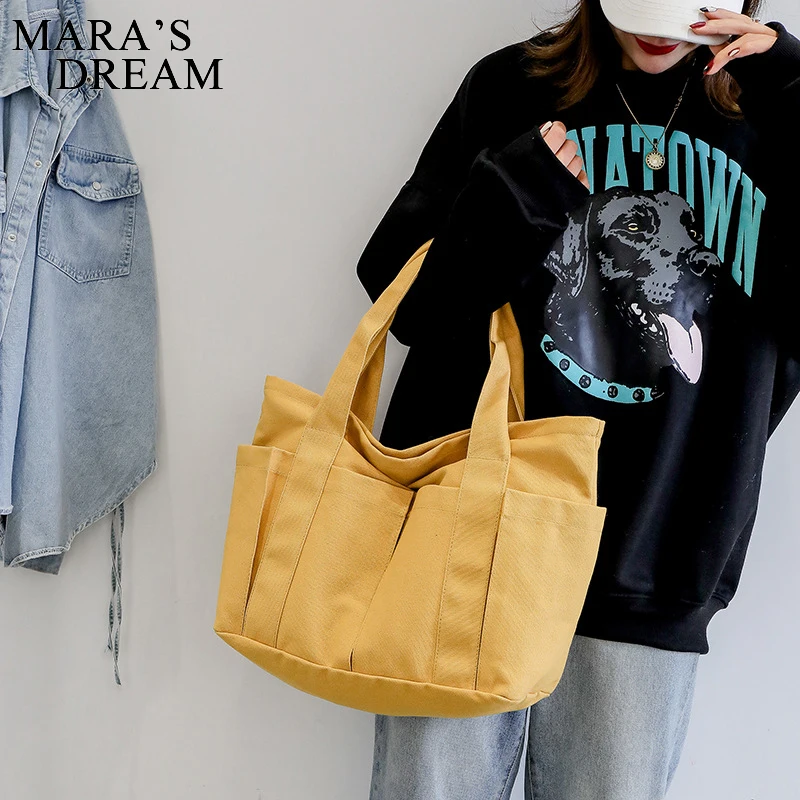 Mara Dream Women Canvas Shopping Bag Solid Color Female Cotton Cloth Shoulder Bag Eco Handbag Tote Reusable Grocery Shopper Bag