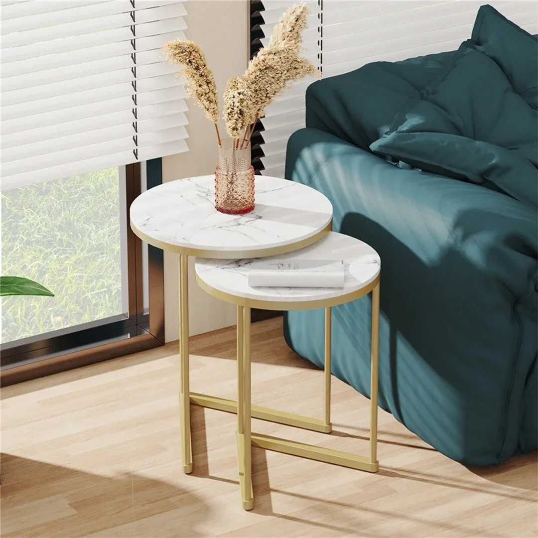 Modern Round Metal Frame Small Space Furniture Accent End Table for Living Room Office 2Pcs Nesting Coffee Side Table Set