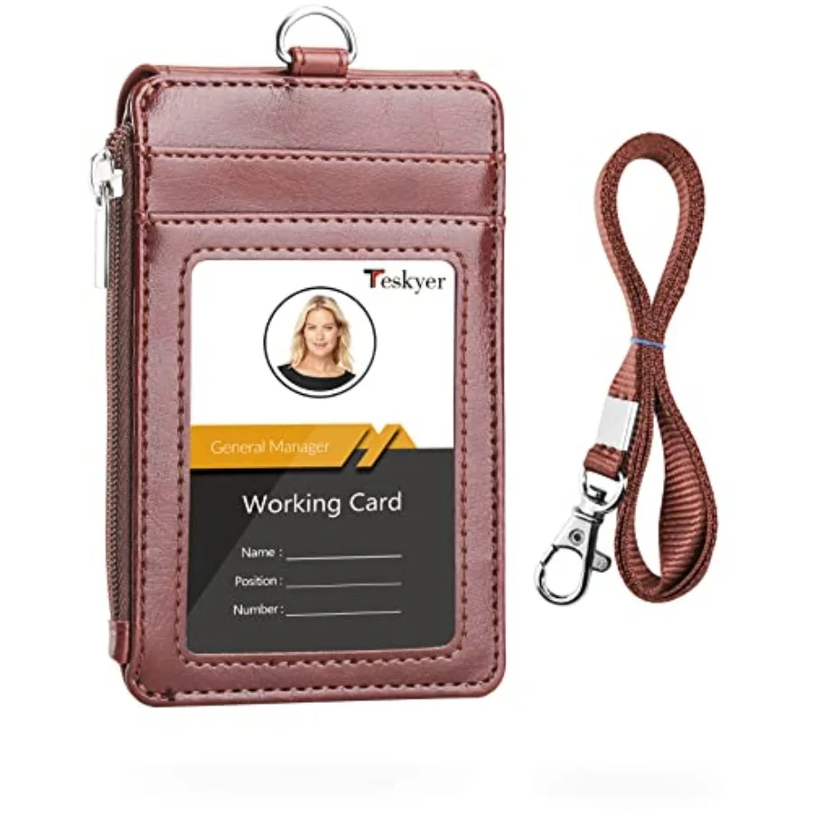 Badge Holder with Side Zip Pocket, Multiple Card Slots Leather ID Holder Wallet with Neck Lanyard for Office Staffs, Teachers/S