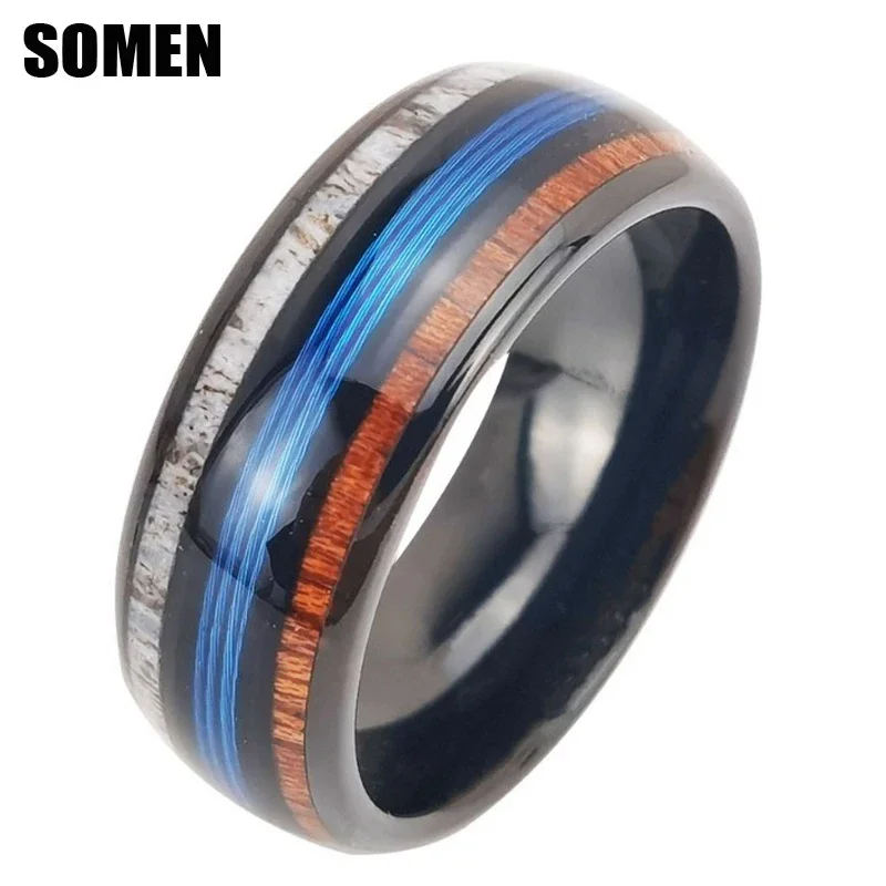 Somen-Bagues en carbure de tungstène pour hommes, bois rouge, bois de wapiti, incrustation de fil d'acier bleu, bijoux de fiançailles de mariage polonais breton, 8mm