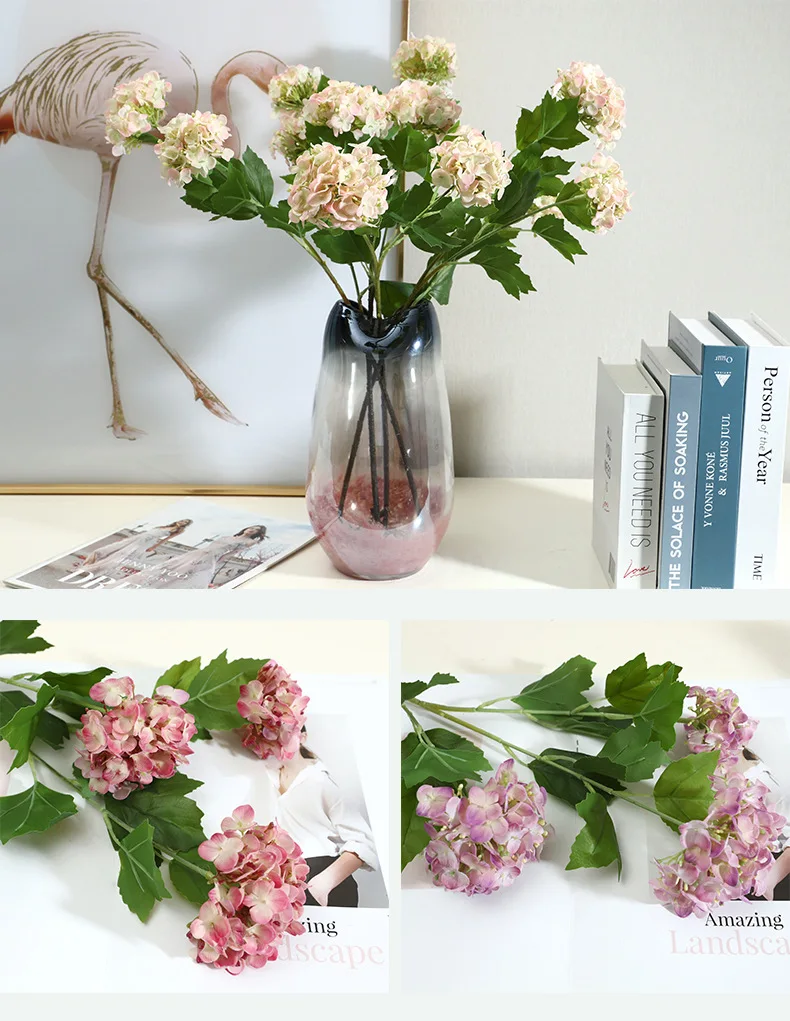 4 Stück feuchtigkeitsspendende 3-köpfige Hortensien, künstliche Blumen mit echter Haptik, Hochzeitsdekoration, Bouquet, Dekoration für den Esstisch zu Hause, Party-Blumendekoration – Detail 8