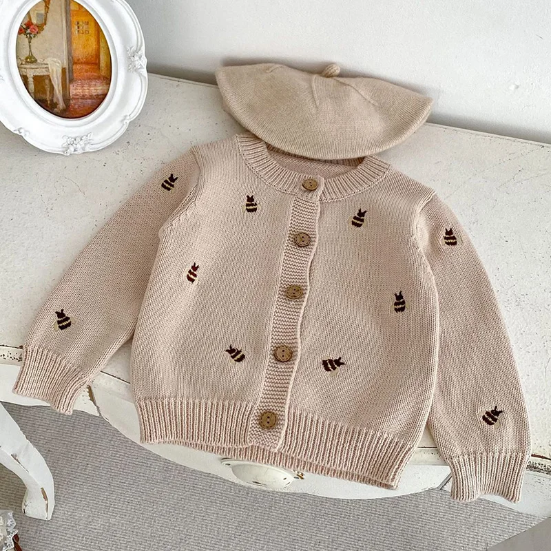 Infant Baby Girls Bee Embroidery Knitted Cardigan Coat Spring Autumn Newborn Kids Baby Girls Long Sleeves Cardigan Coat 0-3Yrs