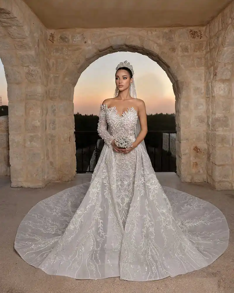 Luxury Wedding Dresses Mermaid One Shoulder Crystals Pearls Backless Floor Length Bridal Gowns Customized Robe de mariée