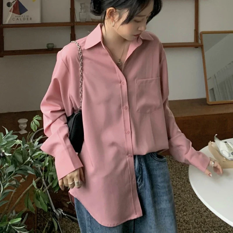 Shirts Women Pure Elegant Office Lady Simple Korean Style Leisure Long Sleeve Blouses Womens All-match Loose Daily Thin Chic New