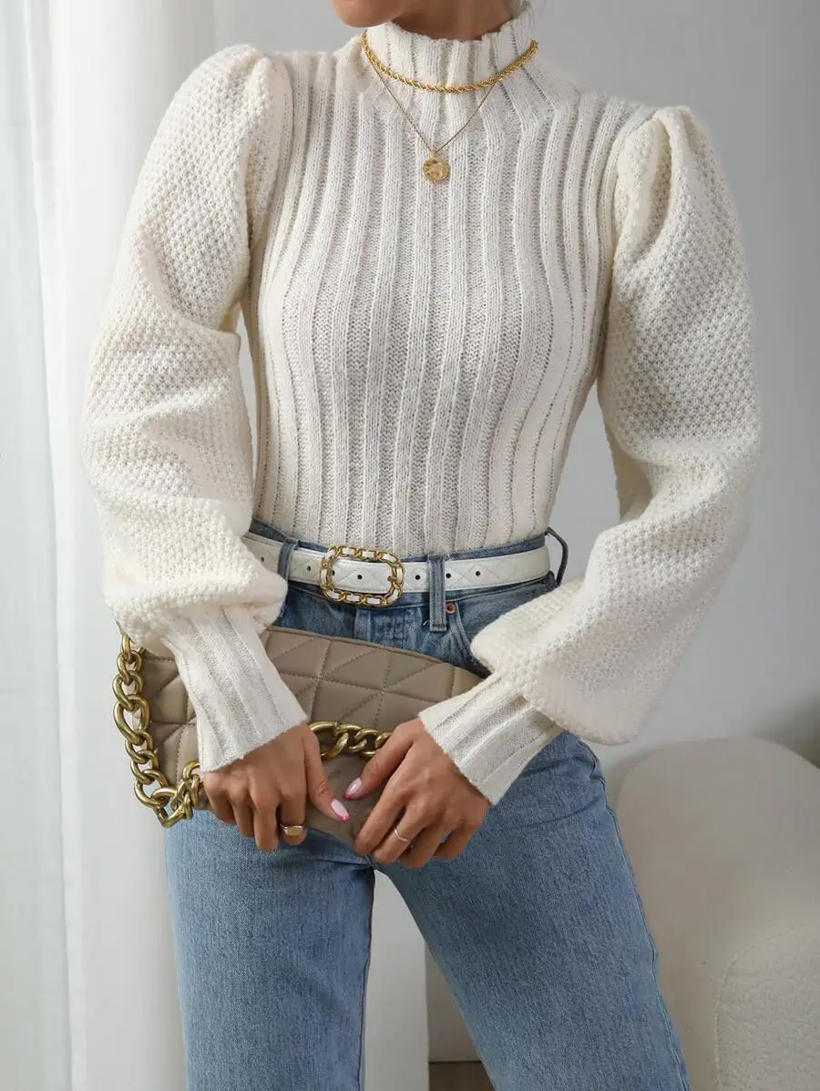

Women's Cream Ribbed Knit Turtleneck Pullover with Puffed Sleeves