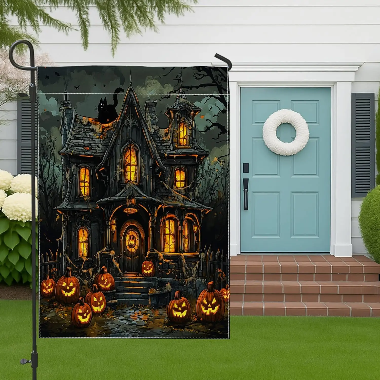 Halloween Scary Haunted House Garden Flags 12x18 Inch Double Sided for Outside, Vintage Horror Pumpkin Castle Standard Canva yyi