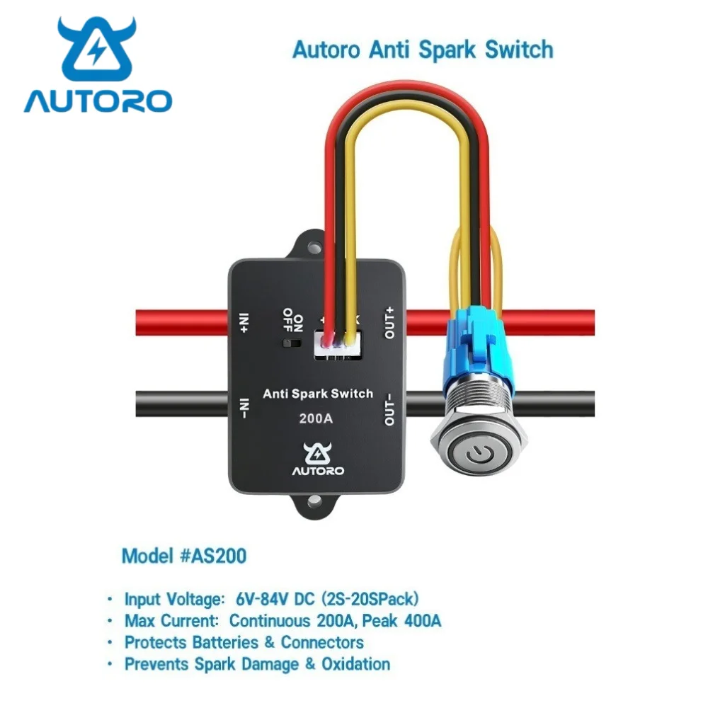 Autoro AS200 Anti Spark Power Switch 200A 84V DC 2-20S Lip Batteries for ESC Electric Skateboard Scooter Robots EBoat Ebike,etc