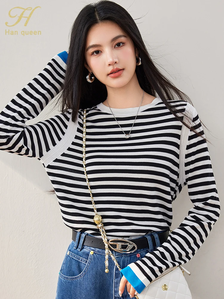 

H Han Queen Vintage Stripes Women Sweaters Long Sleeve Casual Pullover Loose Sweater Korean Fall Winter Innerwear Woman Clothing