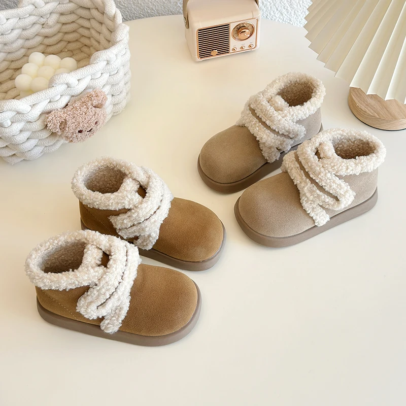 

Winter Children's Ankle Cotton Boots Classic Simple Girls Boots Outdoor Warm Fashion Kids Causal Plush Boots Round-toe Versatile