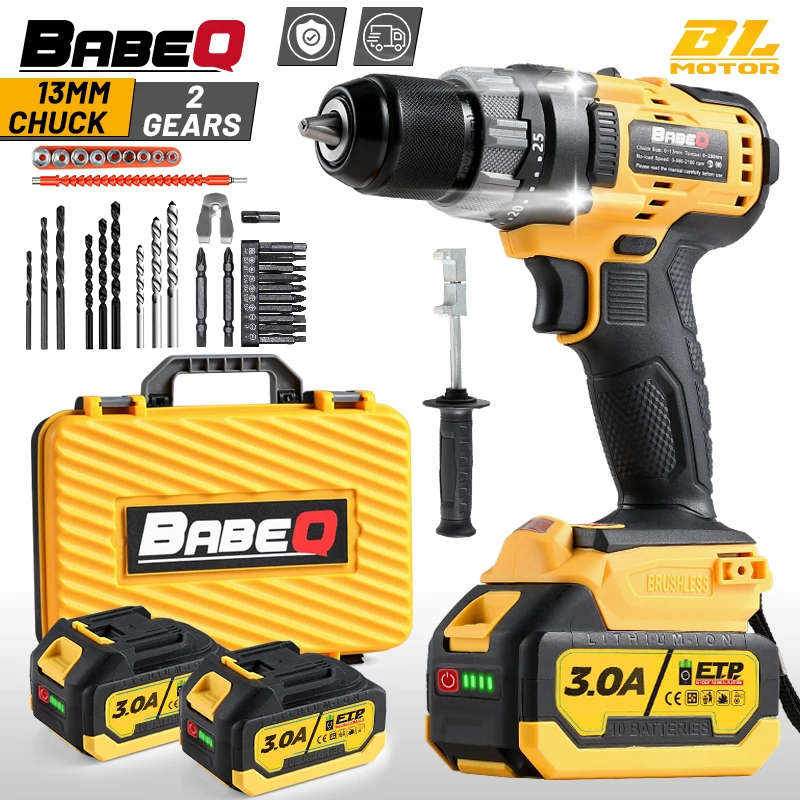 

BABEQ 180NM 13MM Brushless Impact Drill for Woodwork Home 3 Functions Cordless Screwdriver Electric Drill for Makita 18V Battery