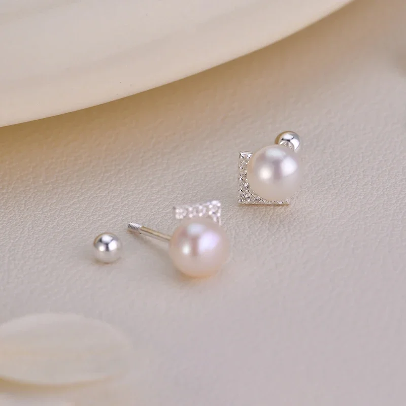 Women's 925 Sterling Silver Elegant Bead Geometric Zircon Stud Earrings