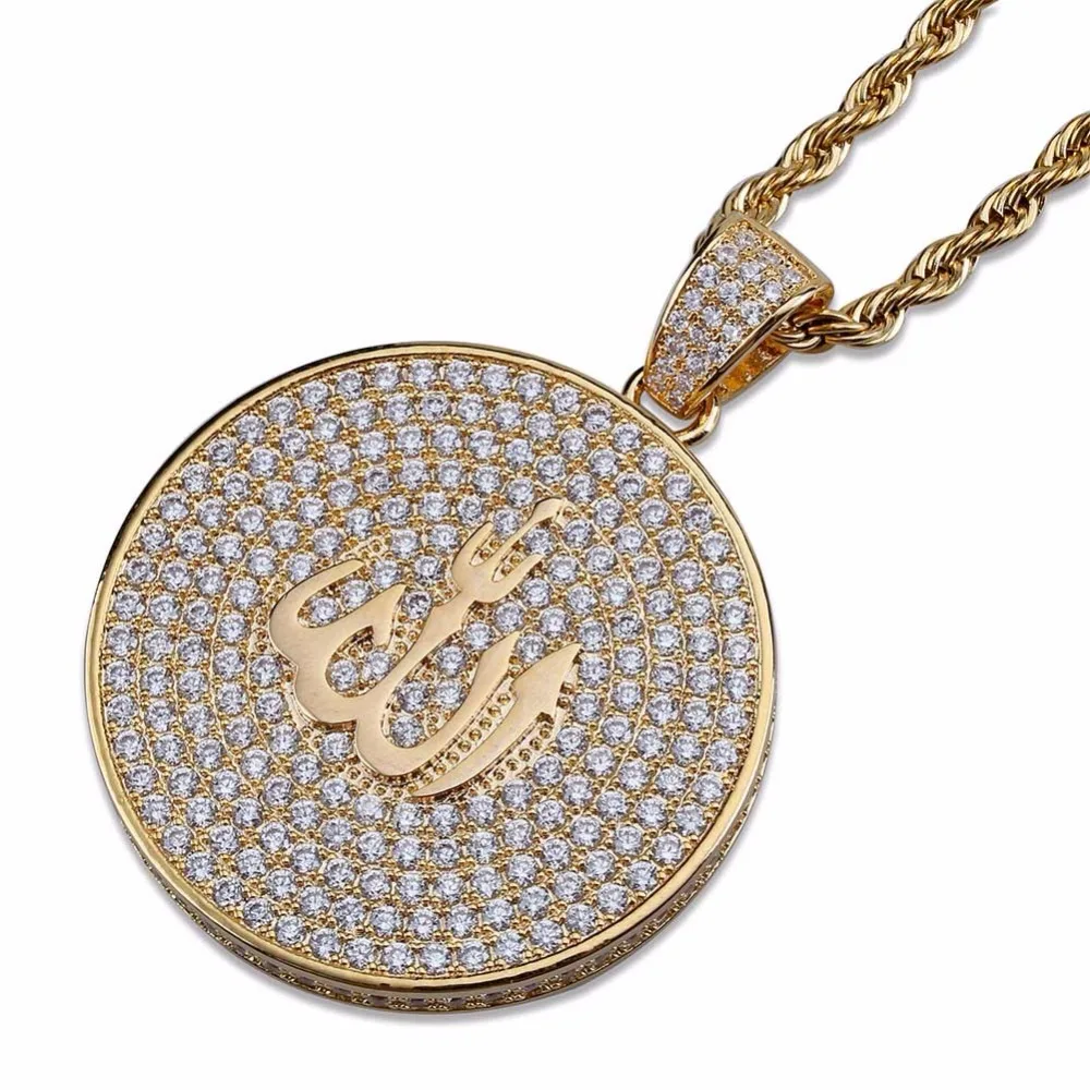 Islam Allah Round Pendants Necklaces For Men Women Full CZ Rhinestone Copper Material Bling Ice Out Mens Hip Hop Rapper Jewelry