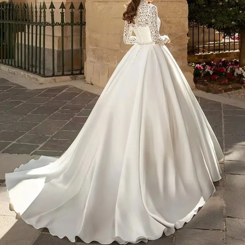 Customized High Neck Long Sleeved Lace Satin Wedding Dress 2026 Elegant Fluffy Ruffled Bridal Gown with Beaded Waist and Tail