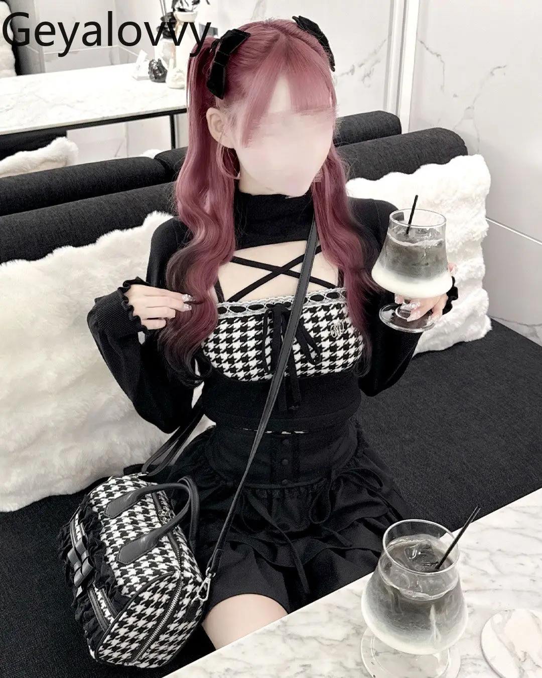 

Sweet and Cute Elegant Knit Shirt Japanese Style Autumn Winter New Houndstooth Hollow Out Lace-up Knitted Vest Set for Women