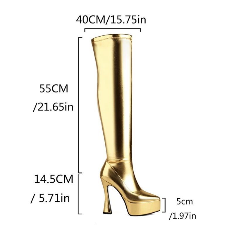 SIMLOVEYO 14.5cm Block Heel 5cm Platform Over Knee Thigh High Boots Pointed Toe Zip Faux Leather Gold Silver Big Size 47 48 US17