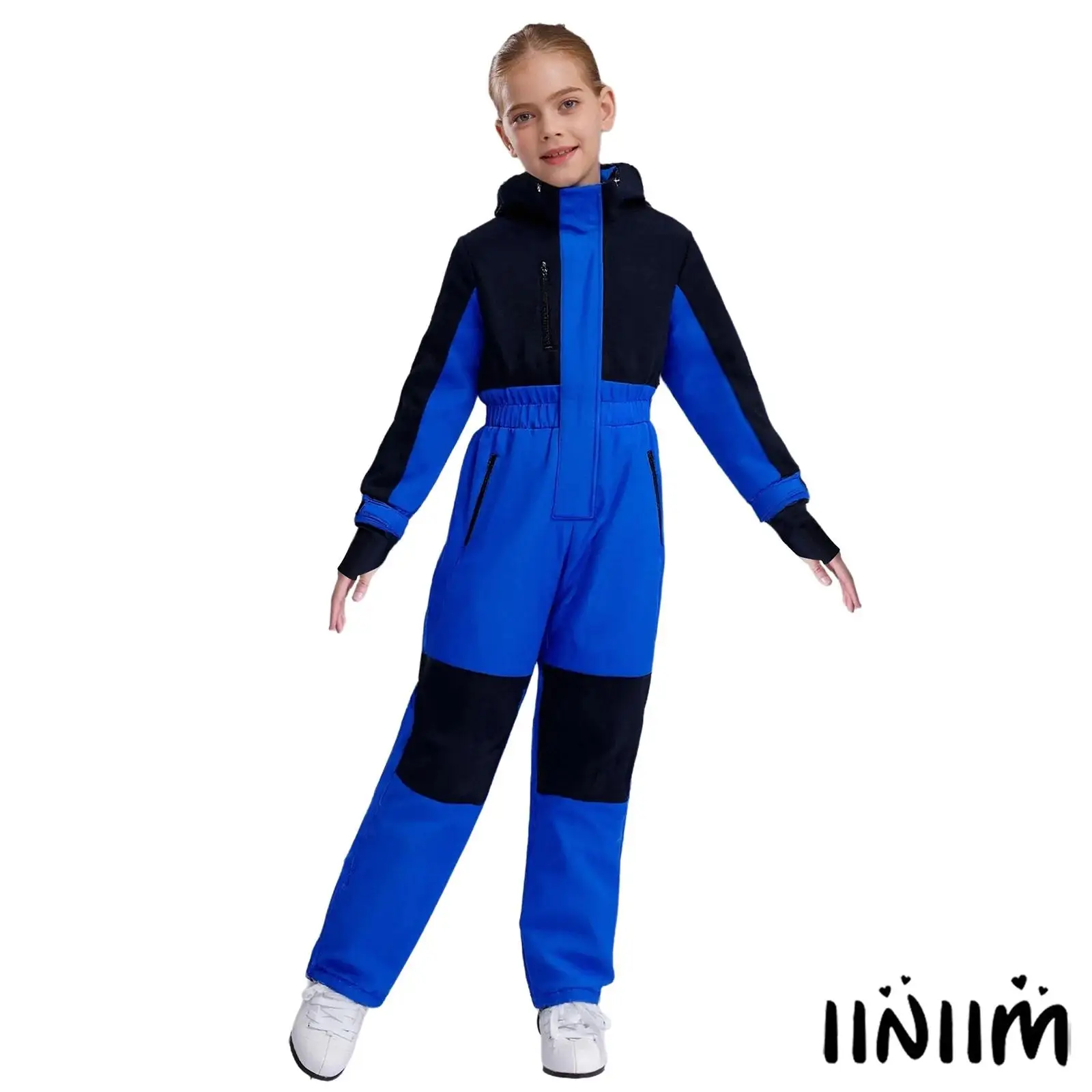 

Kids Water Resistant Snowsuit Zipper Color Block Ski Jumpsuit Long Sleeves Hooded Bodysuit with Pockets for Skiing Snowboarding