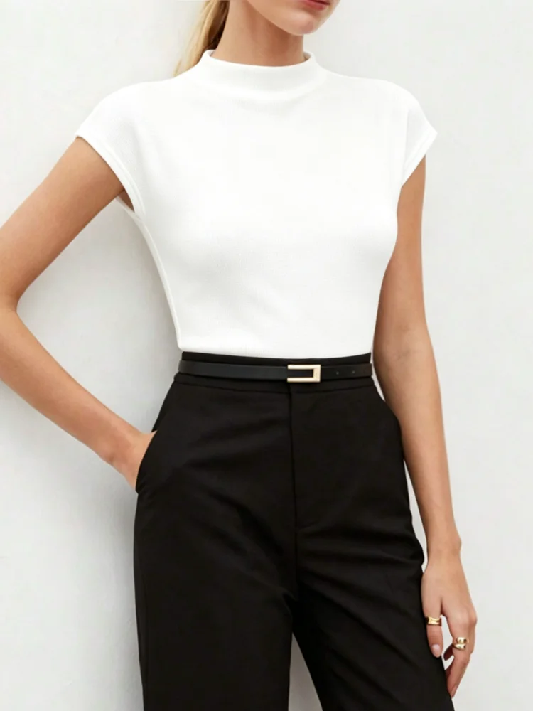 Tank Top Women Mock Neck Cap Sleeve Solid Ribbed Knit Slim Fit Tee Office Daily Basic Shirt