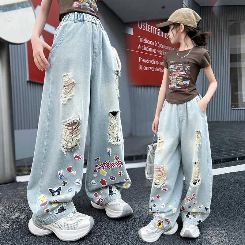 High Fashion Children Hip Hop Ripped Jeans with Hole for Teenage Girl Y2K Harajuku Broken Denim Pants Kids New Designer Trousers