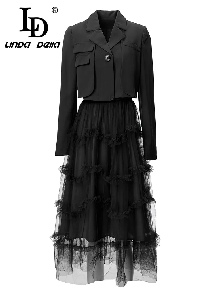 LD LINDA DELLA Fashion Designer Autumn and winter Set Women\'s Black Long Sleeve Button Top+Suspender Ruffle Lace Skirts Sets