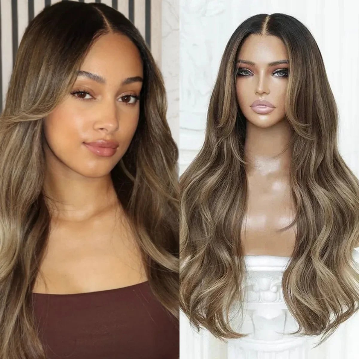 24 Inches Ombre Chestnut Brown Synthetic Lace Frontal Wigs With Dark Roots Balayage 13*4 High Definition Wig Brunette Ladies Wig