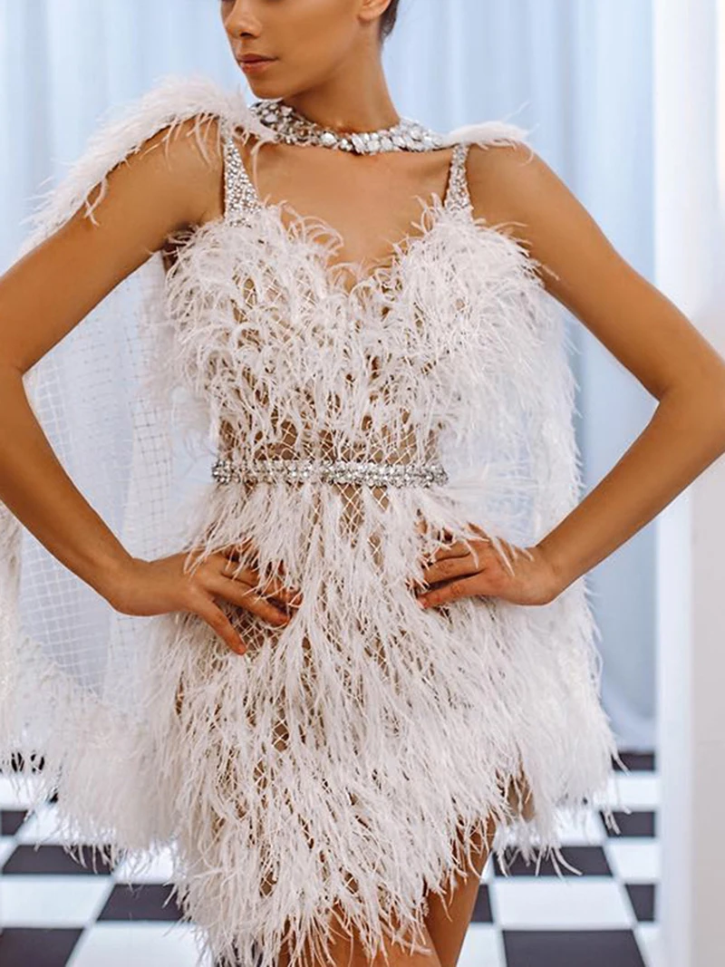 Luxury White Feathers Women Prom Dress Sexy Sweetheart Straps Sleeveless Party Dresses Elegant Straight Vestidos Robes De Soirée