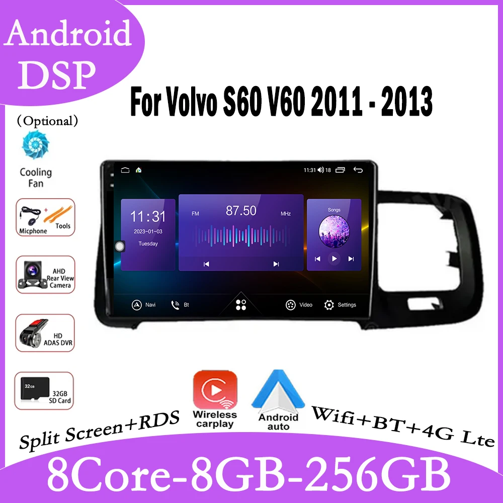 

9 дюймов для Volvo S60 V60 2011-2013 DSP QLED Экран Android 14 Автомобильный плеер Мультимедийный GPS-навигатор Видео Радио