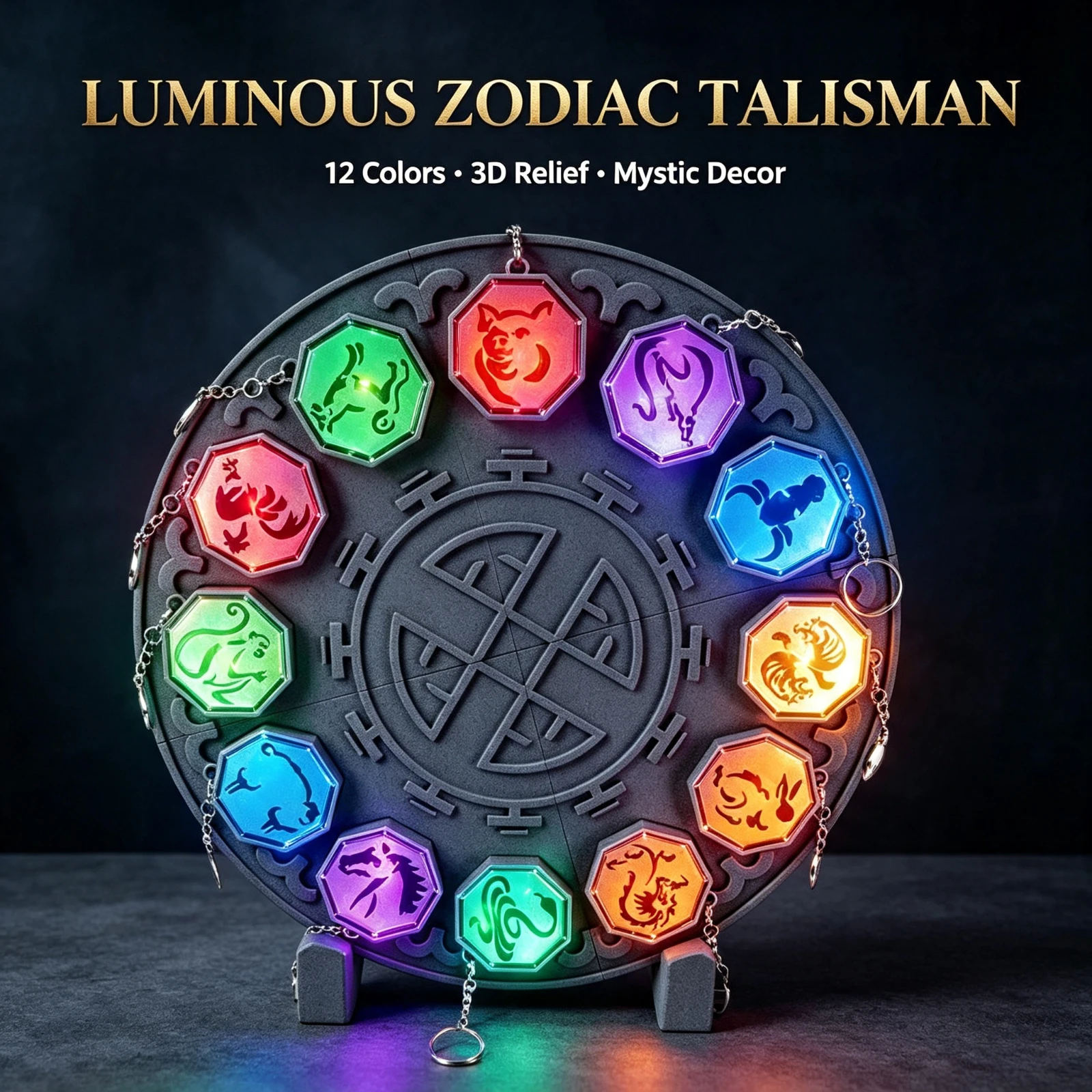 LED Glowing 12 Zodiacs Talismans Keychain 3D Printed Octagon Charm, Luminous Amulet Pendant Car Bag, Accessory Anime Gift Toy