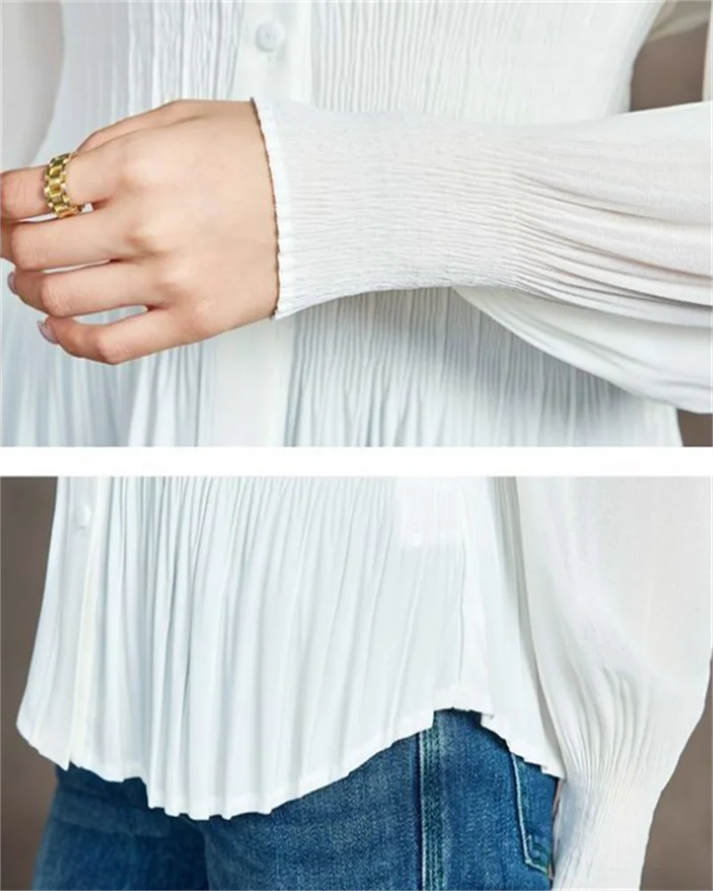 Ladies White Shirt Waist Cinching Top Vertical Pleated Blouse Long-sleeved Chiffon Shirts POLO Button Up Shirt Female Blous