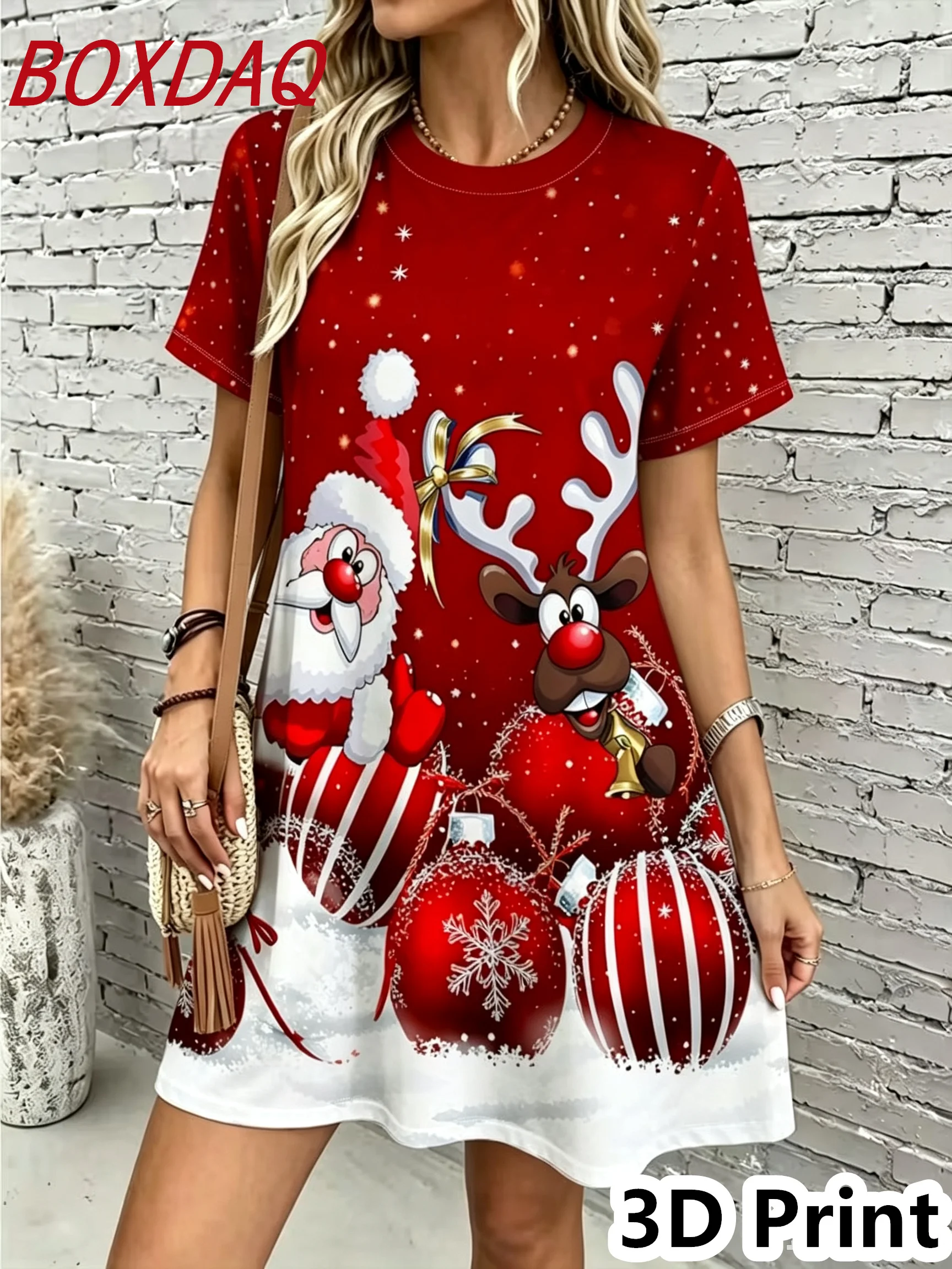Women Christmas 3D Print Dress Short Sleeve Crew Neck Loose Mini Dress Santa Gnome Xmas Tree Pattern Casual Party Short Dresses