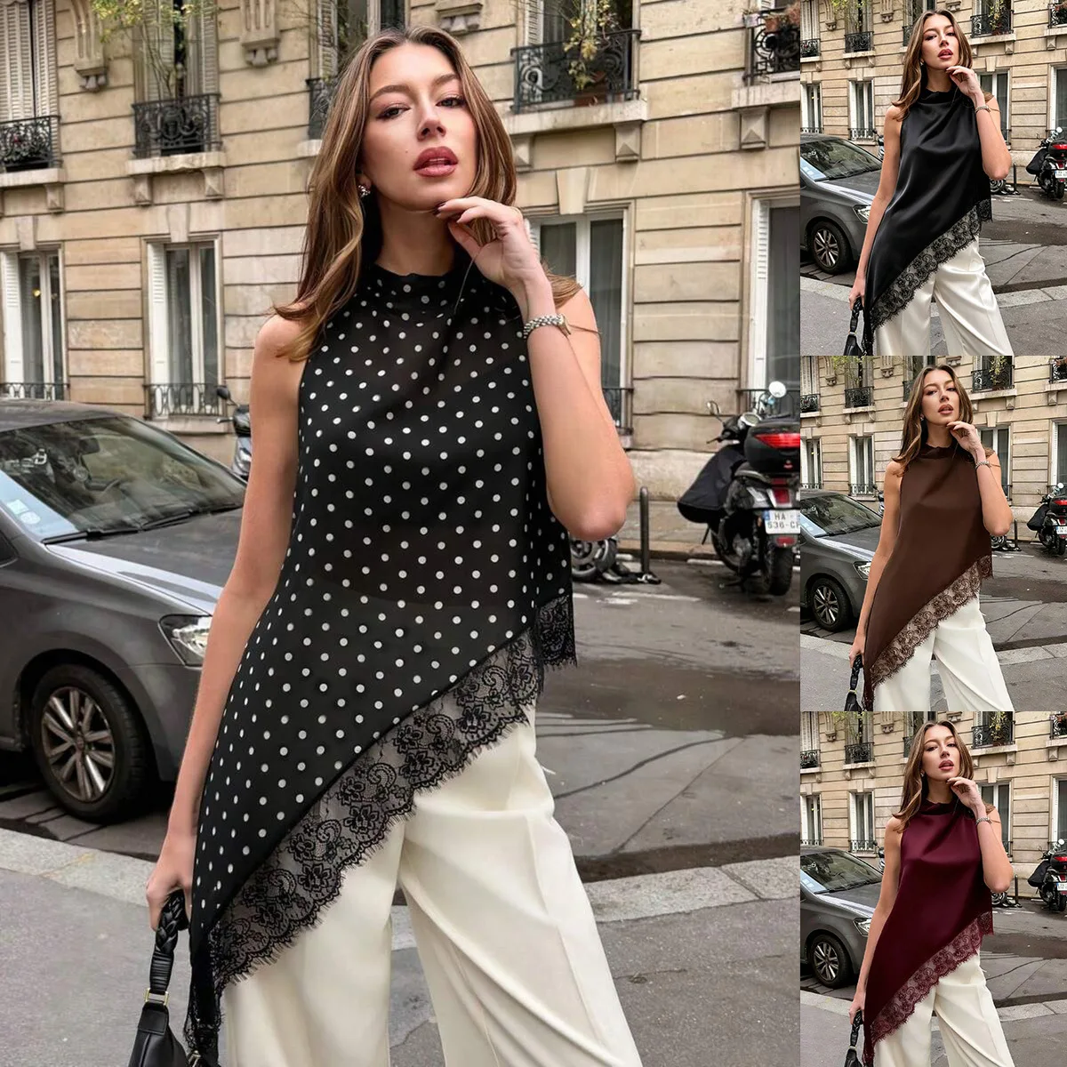 Women Polka Dot Halter Sleeveless Top, Asymmetric Diagonal Hem With Lace Trim Casual Blouse