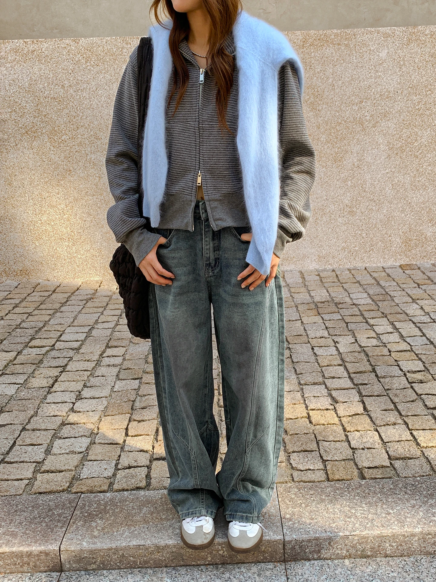 

Дженни Американские джинсы с талией в стиле ретро, женские свободные прямые широкие брюки, повседневные длинные брюки, винтажные повседневные свободные брюки