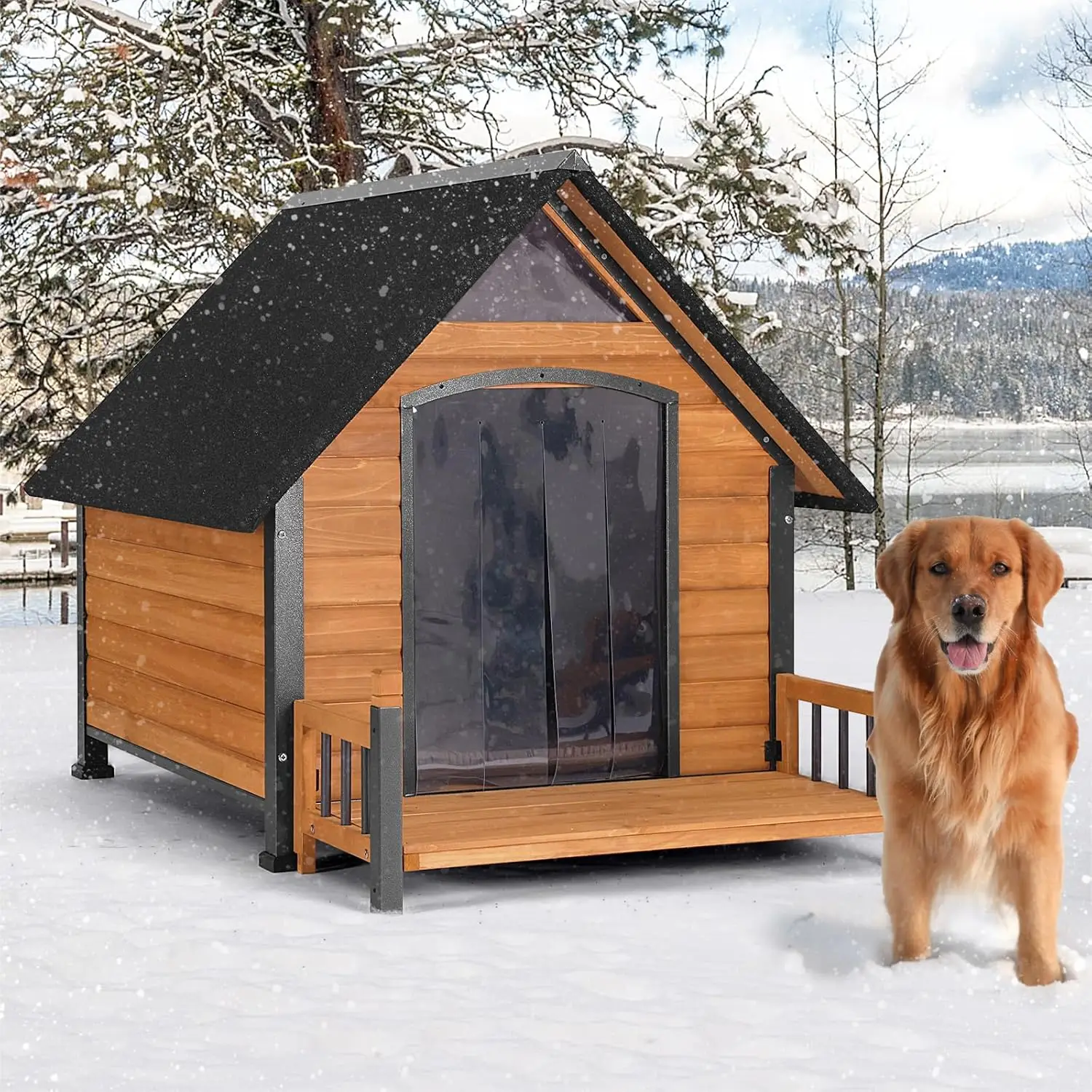 

Outdoor Dog House with All-Around Insulated Liner Weatherproof Puppy Shelter Indoor Dog Kennel Anti-Bite Home for Large Breed