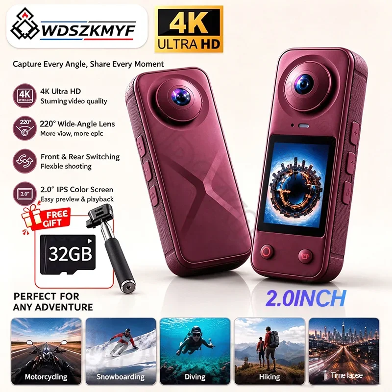 4K Panoramic Action Camera 220 Degree Wide Angle Dual Lens 2.0 IPS Portable Vlog Camera for Cycling Travel Outdoor Sports Camer
