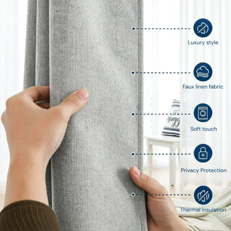 1 PC Faux Linen Blackout Curtain with Hook and Loop No Drill Window Sun Blocking Thermal Insulation Privacy Cover for Bedroom