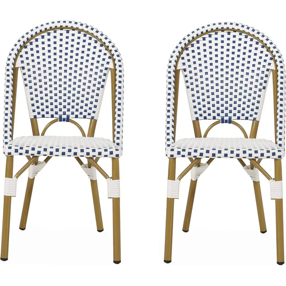 

Philomena Outdoor rench Bistro Chair (Set o 2), Blue + White + Bamboo Print inish