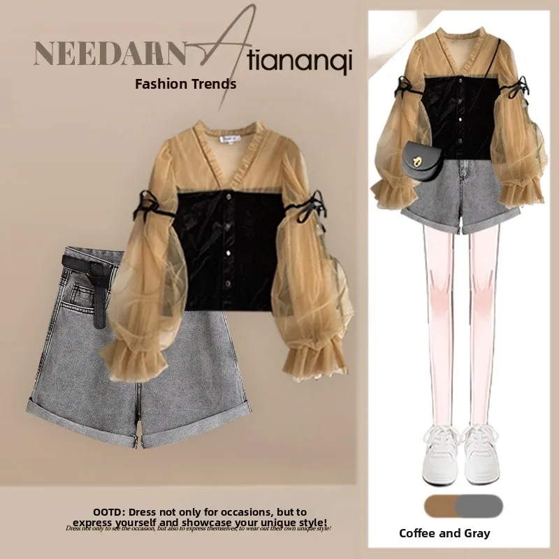 

Long Sve Denim irt And Loose orts Set for Women High Waist Cuffed Korean Sle Summer Faion Two Piece Suit Casual Ou...