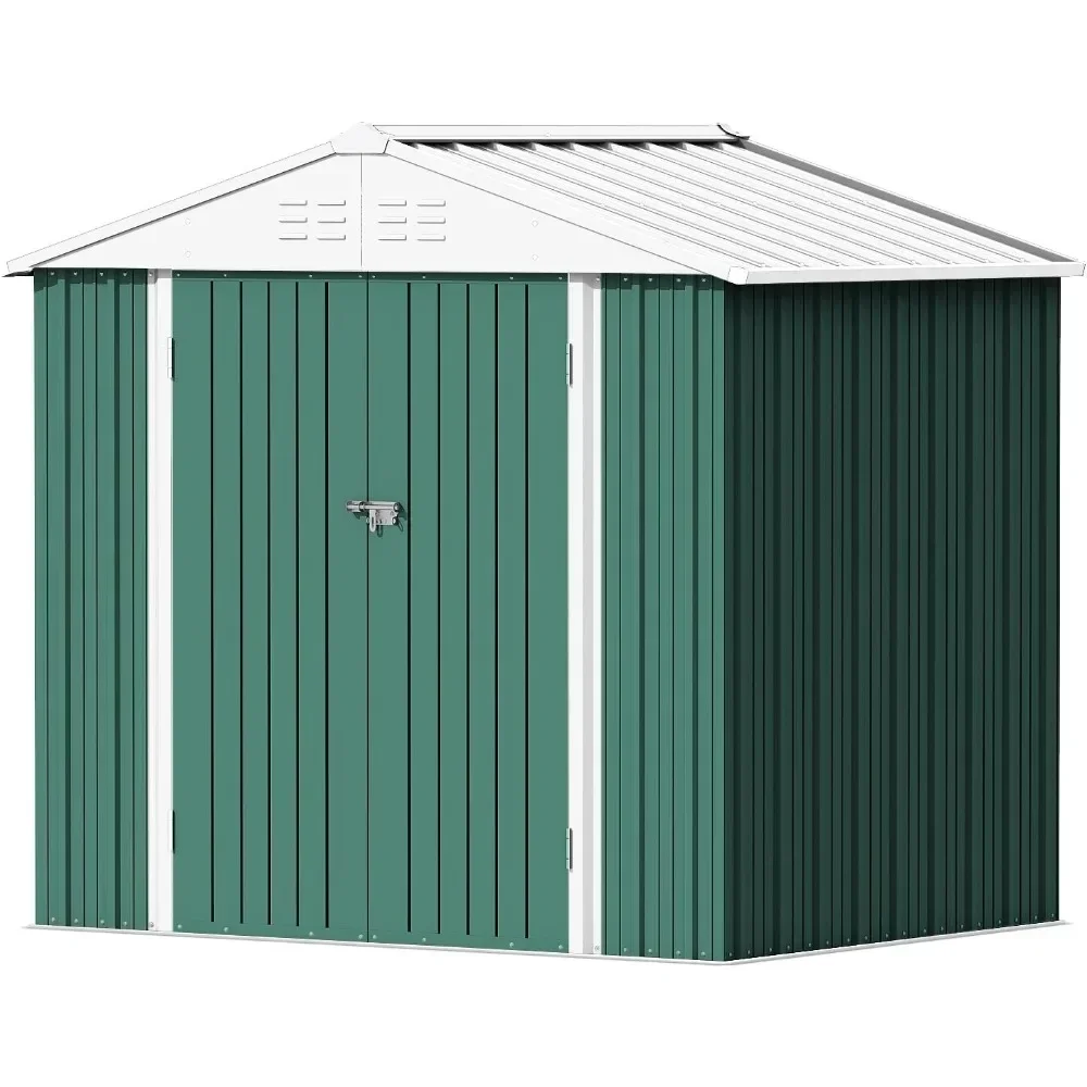 6 x 8 FT Outdoor Storage Shed Lockable, Metal Garden Shed, Steel Anti-Corrosion Storage House for Backyard Outdoor Patio, Green