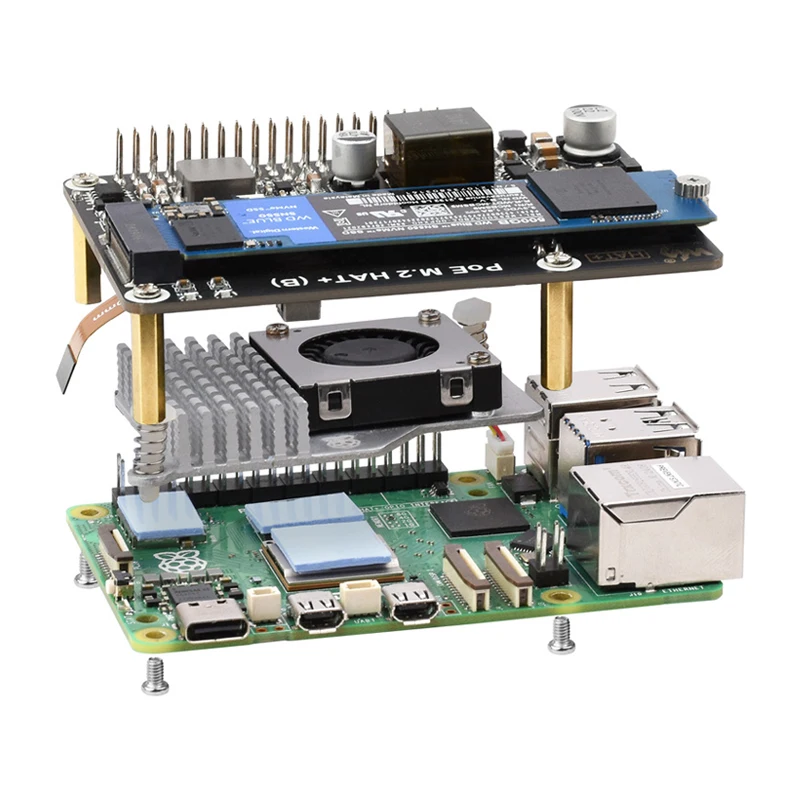 PoE HAT(B)가 포함된 M.2에 대한 Raspberry Pi 5 PCIe는 NVMe 프로토콜 M.2 솔리드 스테이트 드라이브를 지원합니다. 고속 읽기 쓰기 Pi 5 PoE HAT