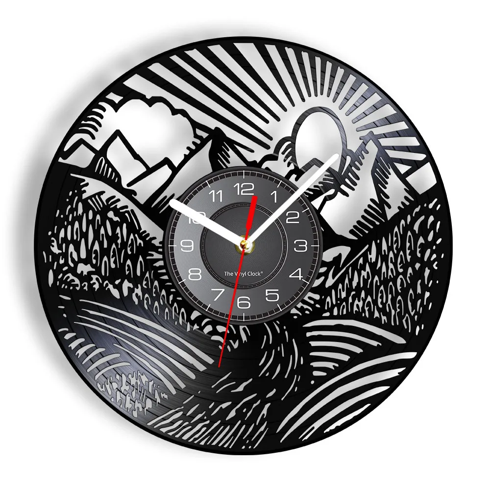 Mountain Landscape Wall Art Wall Clock Scenic Landscape Mountain Peak Gold Sun Vinyl Record Wall Clock Traveller Adventurer Gift